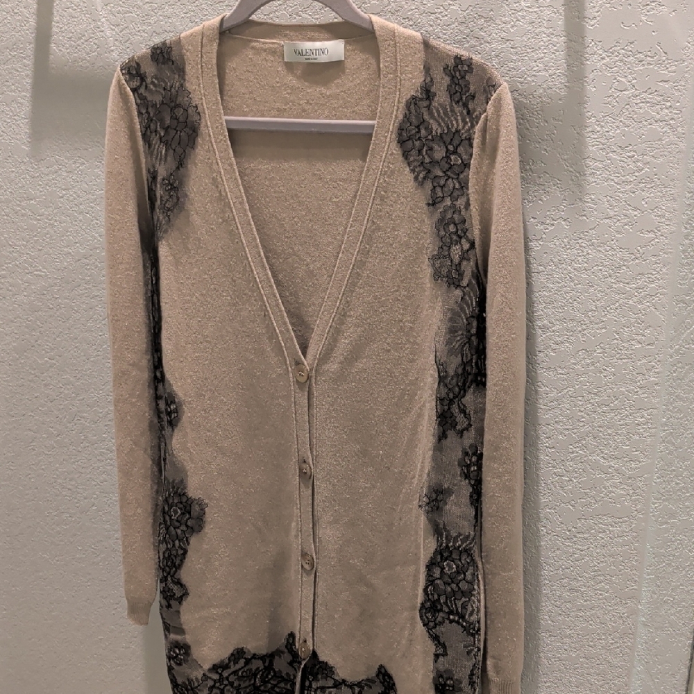 Vintage Valentino Beige Cardigan with Black Lace Accents